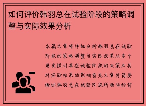 如何评价韩羽总在试验阶段的策略调整与实际效果分析