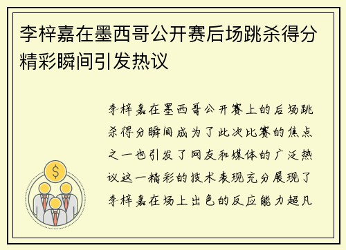 李梓嘉在墨西哥公开赛后场跳杀得分精彩瞬间引发热议