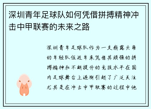 深圳青年足球队如何凭借拼搏精神冲击中甲联赛的未来之路